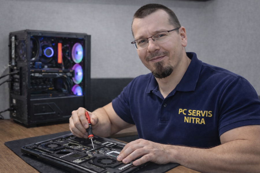 Technik PC Servis Nitra opravuje notebook na pracovnom stole s herným PC v pozadí
